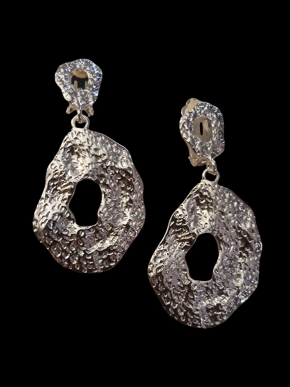 Clip On Silver Textured Open Drop Earrings - Women Jewelry
